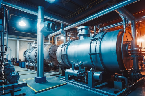 Interior of modern industrial boiler room. Large metal tanks in industrial boiler room photo