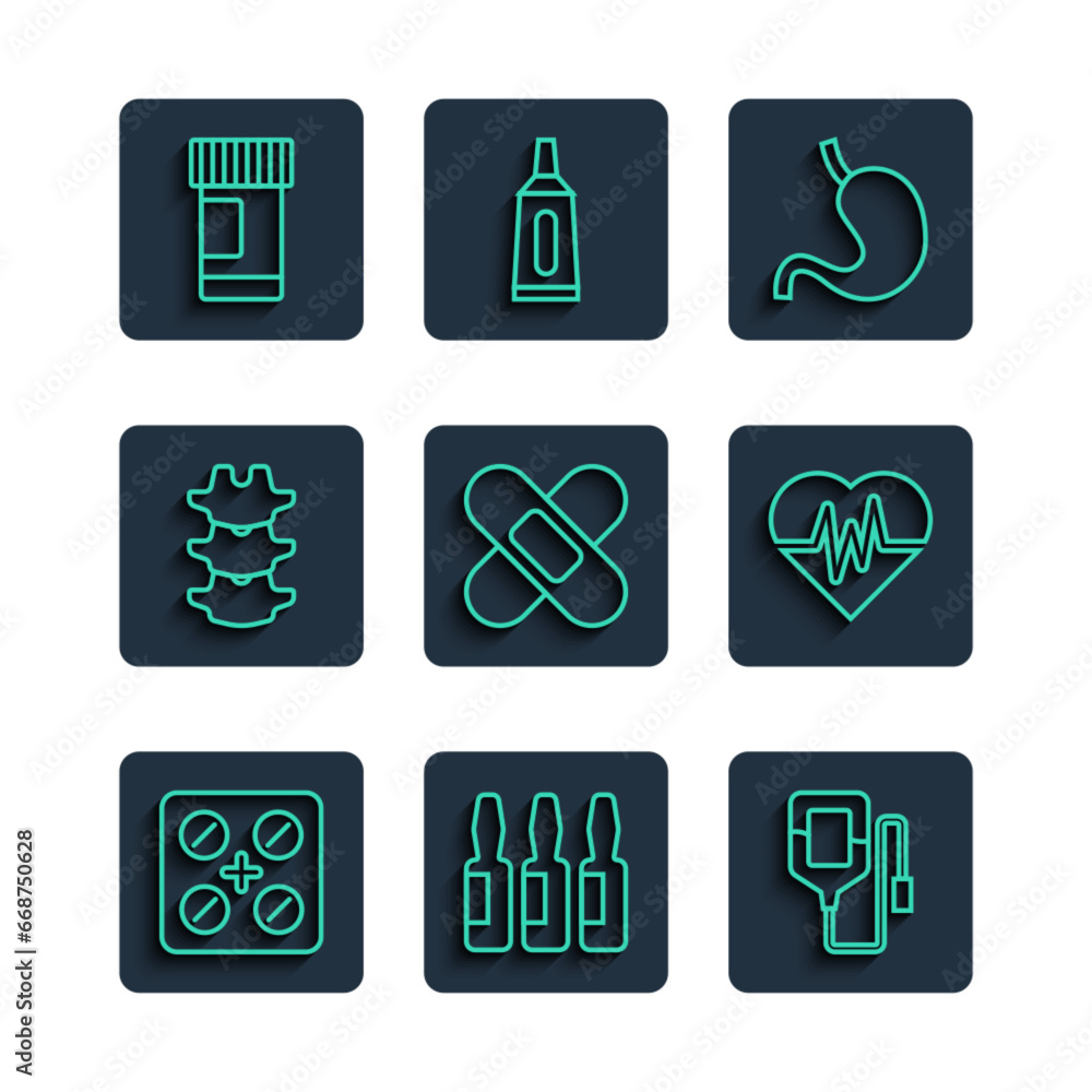 Φωτογραφία Set line Pills in blister pack, Medical vial, ampoule, IV bag, Human stomach, Crossed bandage plaster, spine, Medicine bottle pills and Heart rate icon