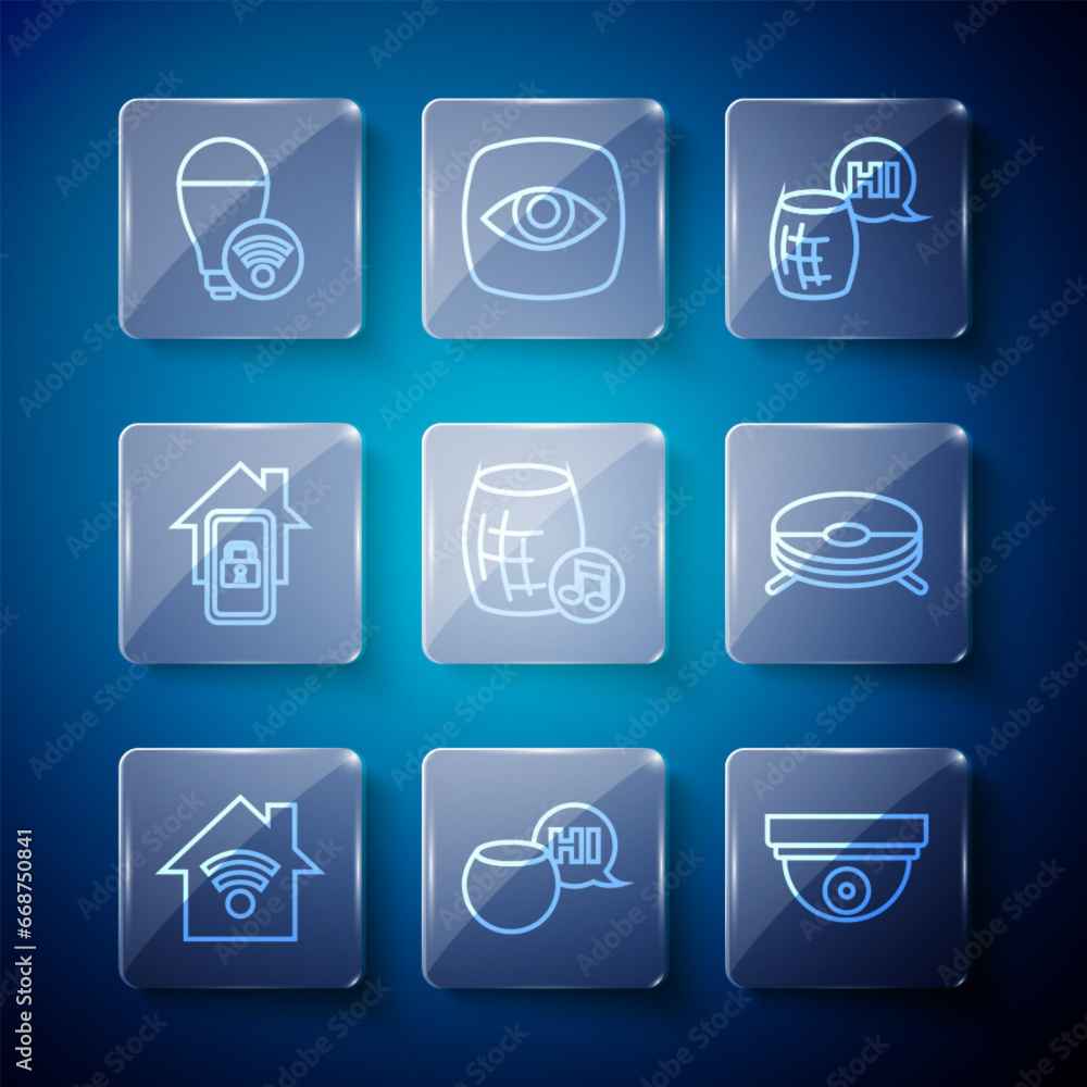Set line Smart home with wi-fi, Voice assistant, Motion sensor, Mobile smart, light bulb and Robot vacuum cleaner icon. Vector Set line Smart home with wi-fi, Voice assistant, Motion sensor, Mobile smart, light bulb and Robot vacuum cleaner icon. Vector