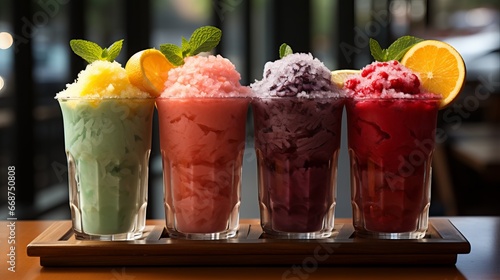 Multi-colored frozen ice drink made from juice. Sweet and very cold fruit lemonade. A variety with different cocktail flavors.
