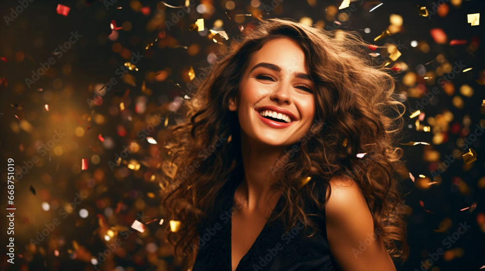 Beautiful woman with confetti background - ai generative Beautiful woman with confetti background - ai generative
