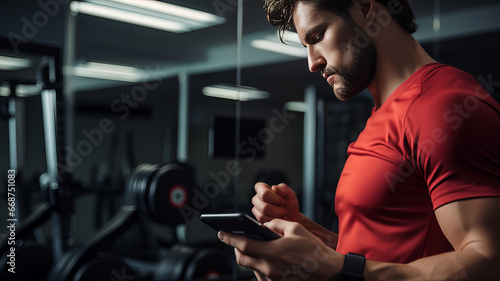 A man checks a gym training program on the smartphone smartphone app