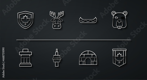 Set line Canada flag on shield, Inukshuk, Beaver animal, Igloo ice house, TV CN Tower in Toronto, Deer head with antlers, Pennant of and Kayak icon. Vector