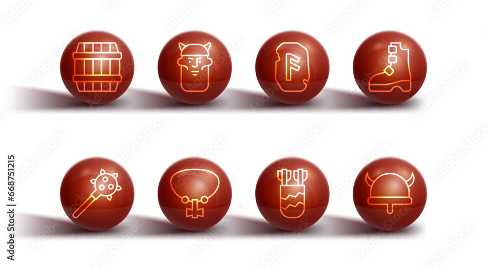 Set line Wooden barrel, Mace with spikes, Ancient viking boots, Quiver arrows, Necklace gem, Viking head, horned helmet and Magic rune icon. Vector Set line Wooden barrel, Mace with spikes, Ancient viking boots, Quiver arrows, Necklace gem, Viking head, horned helmet and Magic rune icon. Vector