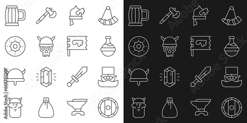 Set line Shield viking, Viking ship Drakkar, Bottle with potion, horned helmet, Skull, Wooden beer mug and flag icon. Vector