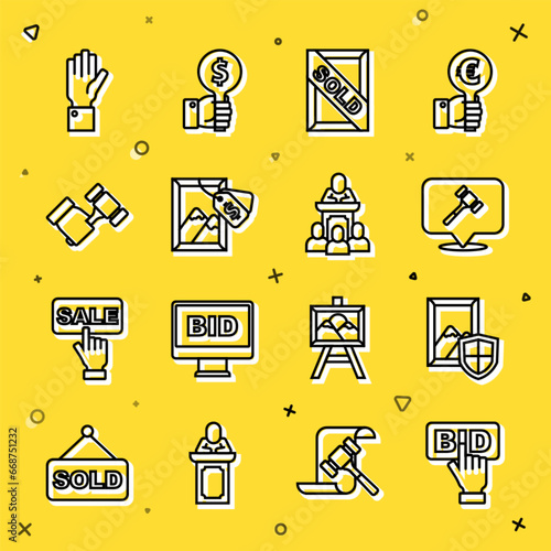 Set line Bid, Auction painting, hammer, sold, Hand holding auction and auctioneer sells icon. Vector