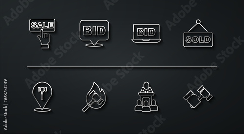 Set line Price tag with Sale, Auction hammer, sold, auctioneer sells, Bid, and Online icon. Vector