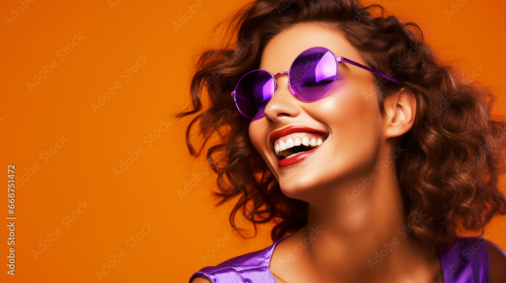 Fototapeta premium Laughing woman wearing goggles on yellow isolated background - ai generative