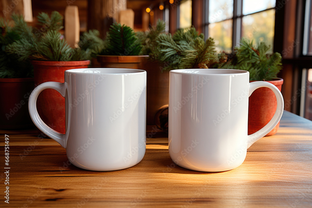 White mug mockup with a home plant decoration on the wooden table White mug mockup with a home plant decoration on the wooden table