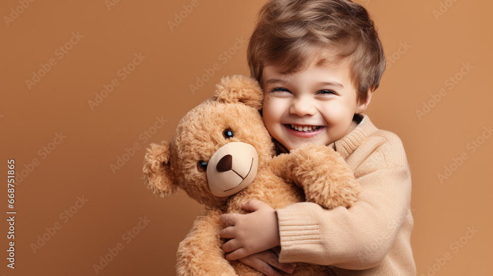 White Boy in casual clothes have fun hold hug teddy bear White Boy in casual clothes have fun hold hug teddy bear