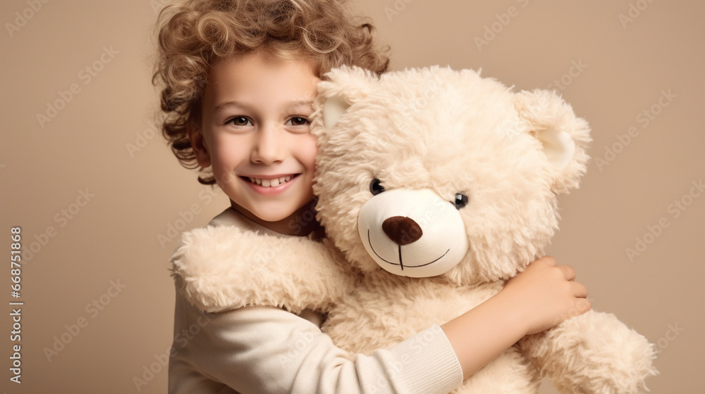 White Boy in casual clothes have fun hold hug teddy bear White Boy in casual clothes have fun hold hug teddy bear