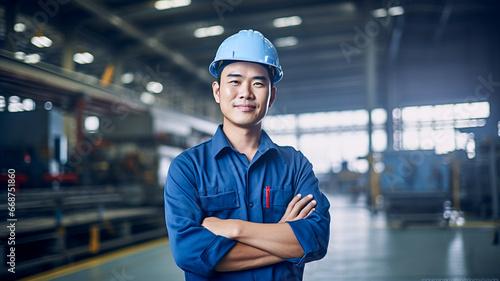 Attractive young asian male smiling and working engineering in industry. Work at the heavy industry manufacturing facility concept.

 photo