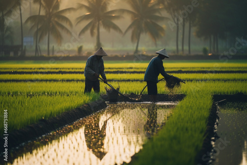 Asian farmers use the traditional method of planting rice. Farmers are engaged in farming and planting seedlings in green rice fields. Generative AI photo