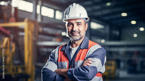 Portrait of a middle aged male professional heavy industry engineer worker wearing uniform. Male industrial specialist standing in metal construction facility.