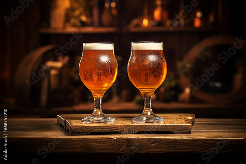 Close up shot of two beer mugs nonic pint glasses conical pint glasses tulip glasses filled with draft light beer placed on the wooden table.at a restaurant or pub. Generative AI.