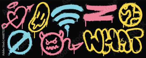 Set graffiti color spray paint. Collection of love angel, devil emoticon, what Isolated Vector