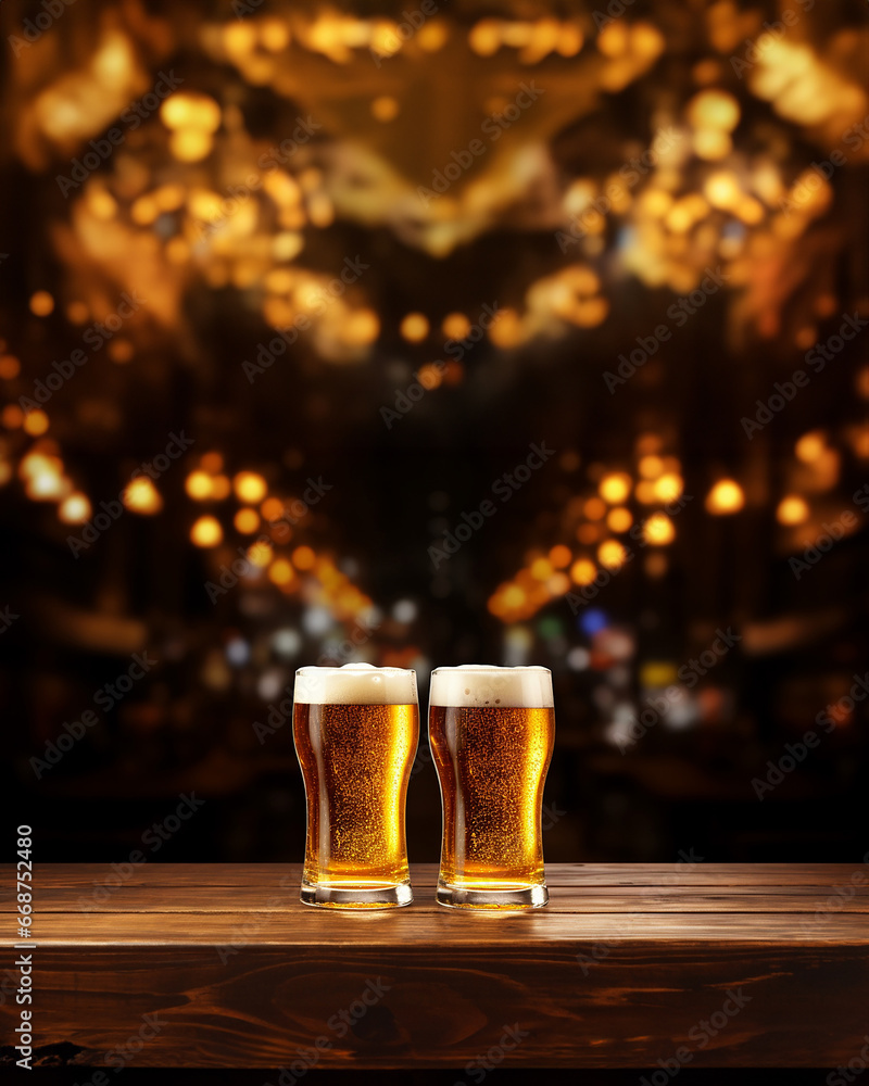 Close up shot of two beer mugs nonic pint glasses conical pint glasses tulip glasses filled with draft light beer placed on the wooden table.at a restaurant or pub. Generative AI. Close up shot of two beer mugs nonic pint glasses conical pint glasses tulip glasses filled with draft light beer placed on the wooden table.at a restaurant or pub. Generative AI.