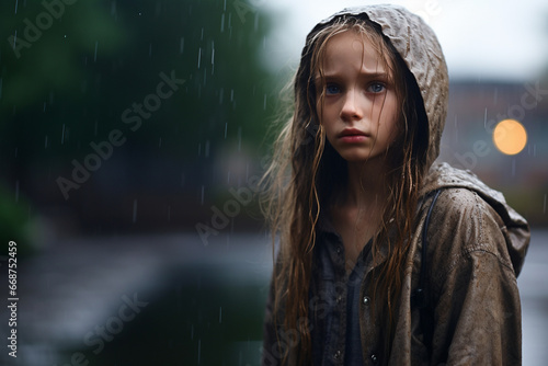 a detailed photo the photograph shows a young Slavic girl stands in the rain, wide-eyed and sad