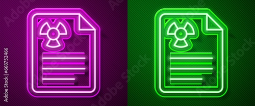 Glowing neon line Radiation warning document icon isolated on purple and green background. Text file. Vector