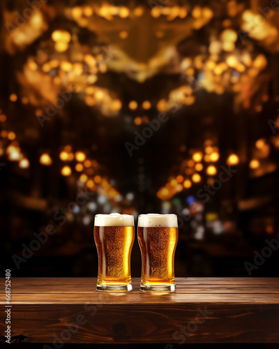 Close up shot of two beer mugs nonic pint glasses conical pint glasses tulip glasses filled with draft light beer placed on the wooden table.at a restaurant or pub. Generative AI.