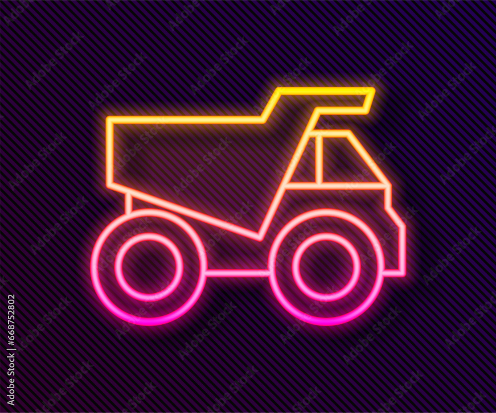 Glowing neon line Mining dump truck icon isolated on black background. Vector Glowing neon line Mining dump truck icon isolated on black background. Vector
