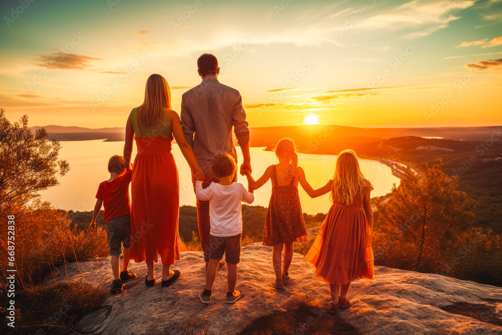 Happy large family standing and looking at sunset. Carefree family mother, father, daughter and son watching sunset in nature.