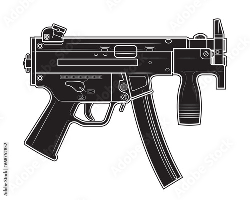 Vector illustration of the short MP5 machine gun on the white background. Black. Right side.