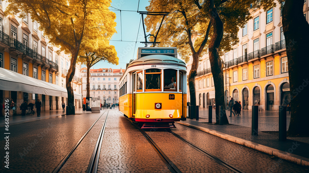 A yellow tram rides down the street city