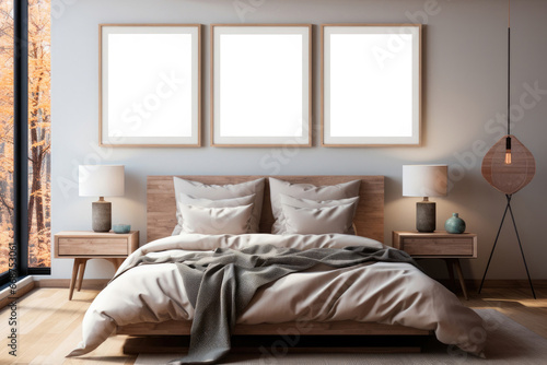 Scandinavian minimalist bedroom with a large bed and a mockup of posters on a gray wall near a large window