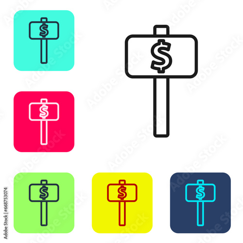 Black line Hand holding auction paddle icon isolated on white background. Bidding concept. Auction competition. Hands rising signs with BID inscriptions. Set icons in color square buttons. Vector