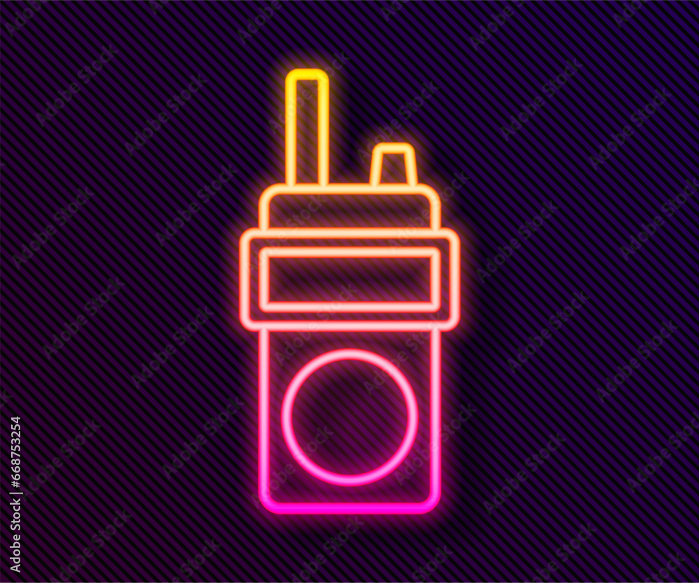 Glowing neon line Walkie talkie icon isolated on black background. Portable radio transmitter icon. Radio transceiver sign. Vector