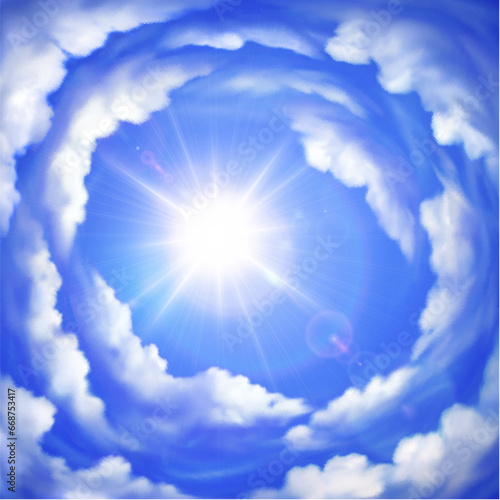 Vector background of cloudy summer sky with bright sun and lens flares