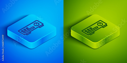 Isometric line Sound mixer controller icon isolated on blue and green background. Dj equipment slider buttons. Mixing console. Square button. Vector