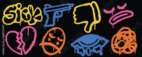 Set graffiti color spray paint. Collection of sick, gun, sad, broken heart, eye Isolated Vector