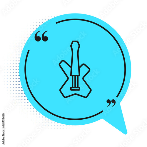 Black line Electric bass guitar icon isolated on white background. Blue speech bubble symbol. Vector
