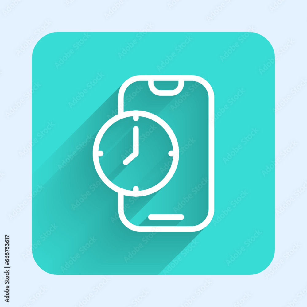 White line Alarm clock app smartphone interface icon isolated with long shadow background. Green square button. Vector White line Alarm clock app smartphone interface icon isolated with long shadow background. Green square button. Vector