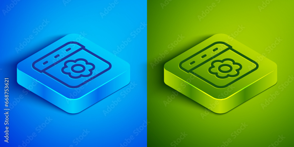 Isometric line Calendar spring icon isolated on blue and green background. Event reminder symbol. Square button. Vector Isometric line Calendar spring icon isolated on blue and green background. Event reminder symbol. Square button. Vector