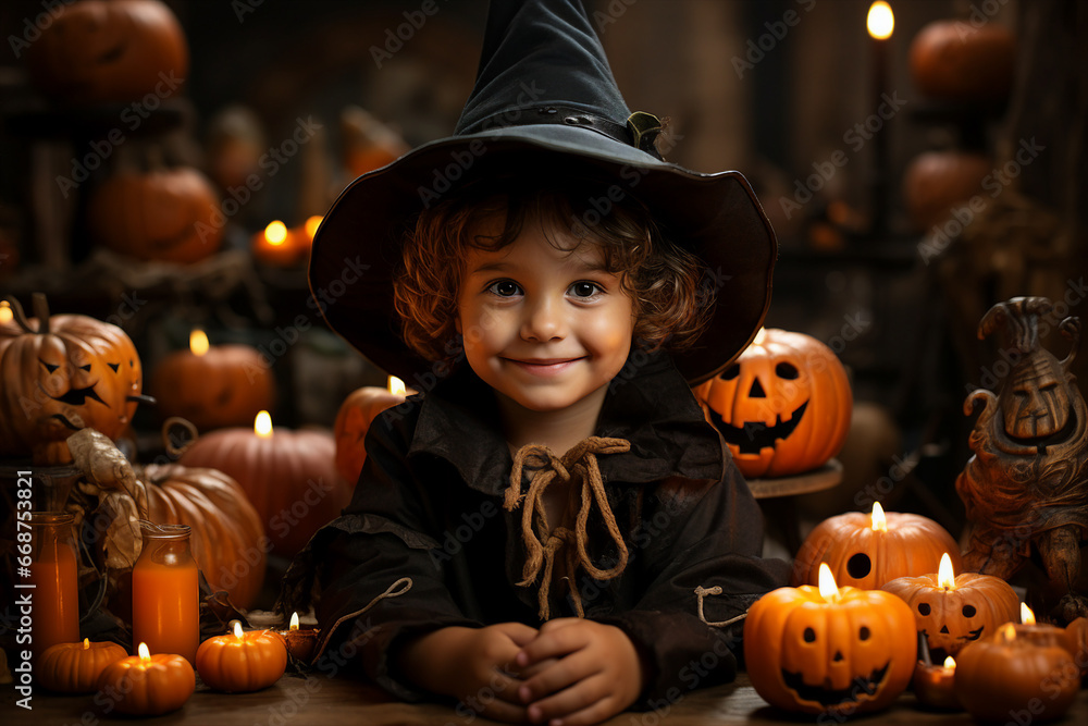 Generated ai picture of smiling happy female or male child in thematic costume celebrating festival on dark background