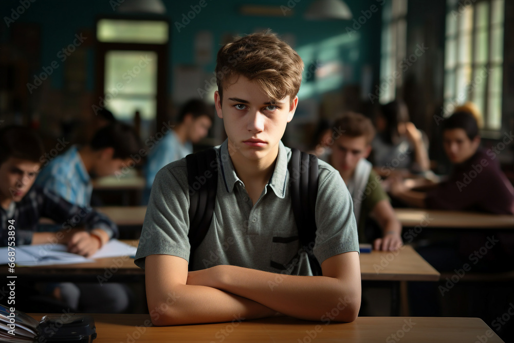 Generated by AI photography of a depressed school boy sitting alone at the desk listening to lessons suffering from discrimination in college Generated by AI photography of a depressed school boy sitting alone at the desk listening to lessons suffering from discrimination in college