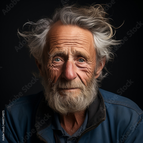 A Portrait of an Elderly Man with Messy Hair-Against a Black Background