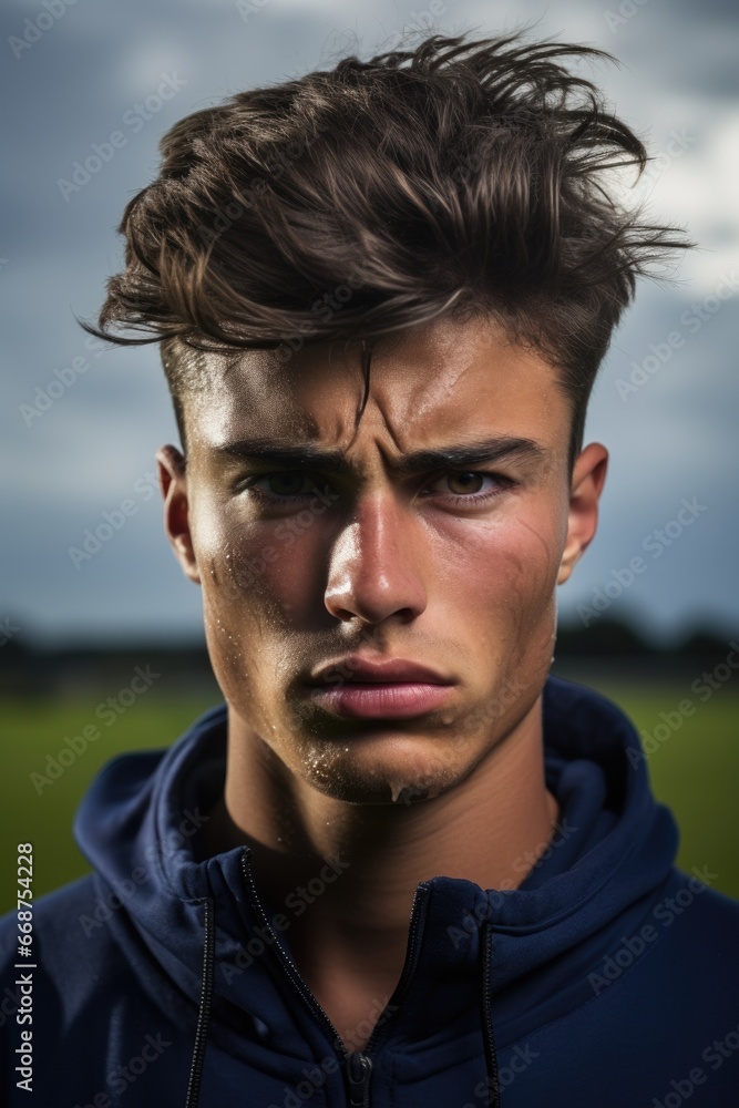 Close up of a soccer player with a strong facial expression Close up of a soccer player with a strong facial expression
