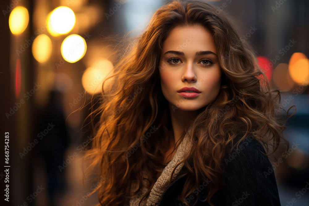 Generative AI illustration of young girl with curly hair traveling go shopping abroad Generative AI illustration of young girl with curly hair traveling go shopping abroad