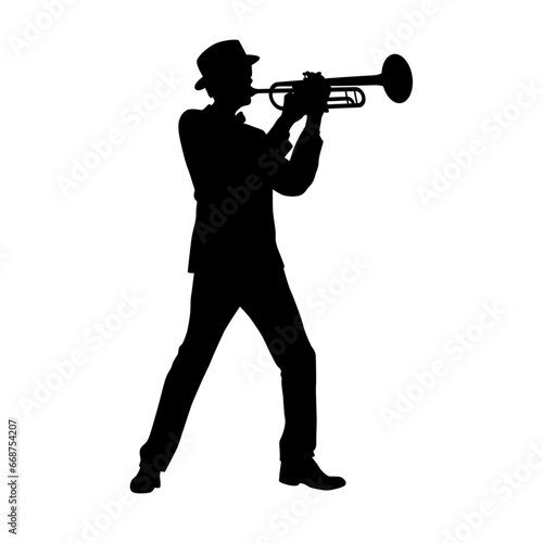 Man with trumpet silhouette  Trumpeter  Musician plays the trumpet jazz. Silhouette trumpeter on white background