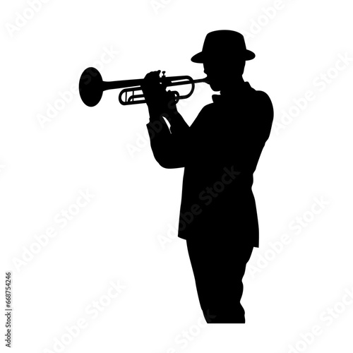 Man with trumpet silhouette, Trumpeter, Musician plays the trumpet jazz. Silhouette trumpeter on white background