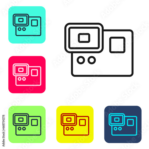 Black line Action extreme camera icon isolated on white background. Video camera equipment for filming extreme sports. Set icons in color square buttons. Vector