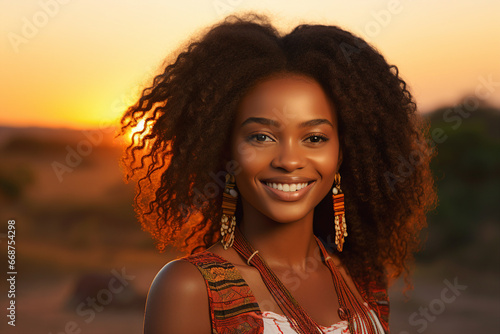 Generative AI picture portrait of amazing african american ethnicity woman wearing tribe costume over sunset background photo