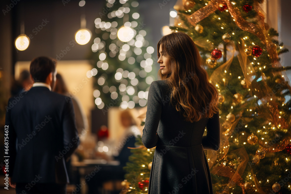 Picture of young business lady in office celebrate christmas day created with ai generative technology Picture of young business lady in office celebrate christmas day created with ai generative technology