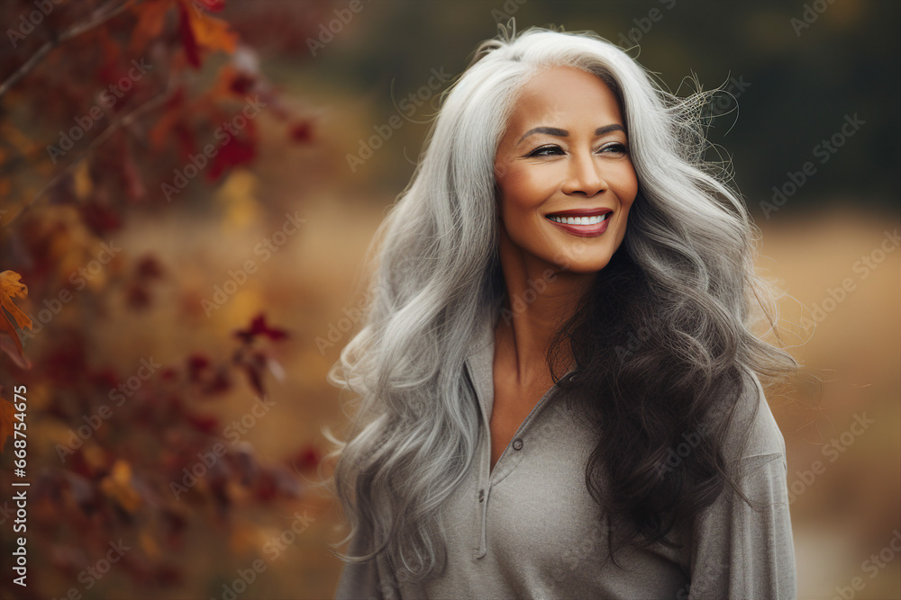 Generative AI technology picture of gorgeous grey haired woman walking autumn park Generative AI technology picture of gorgeous grey haired woman walking autumn park