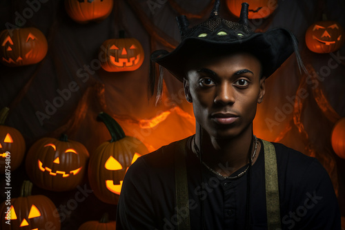 Generative AI picture of funny person in fantasy costume celebrate halloween night isolated on dark background