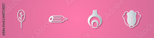 Set paper cut Spinach, Fresh cucumber, Onion and Cabbage icon. Paper art style. Vector